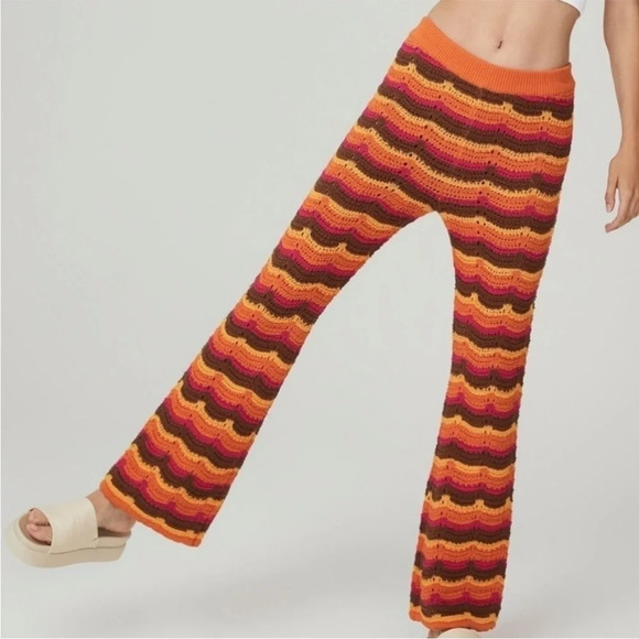 Groovy Comfy 70s Lounge 100% Cotton Orange Crochet Knit Flare Pants - Picture 1 of 10